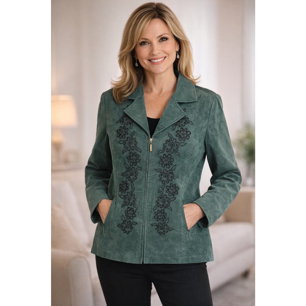 Nolan Miller Green Suede Leather Jacket Floral Embroidered Beaded Zip Front 2X